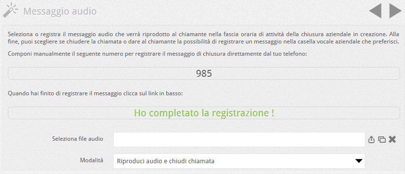 Registrazione messaggio chiusura