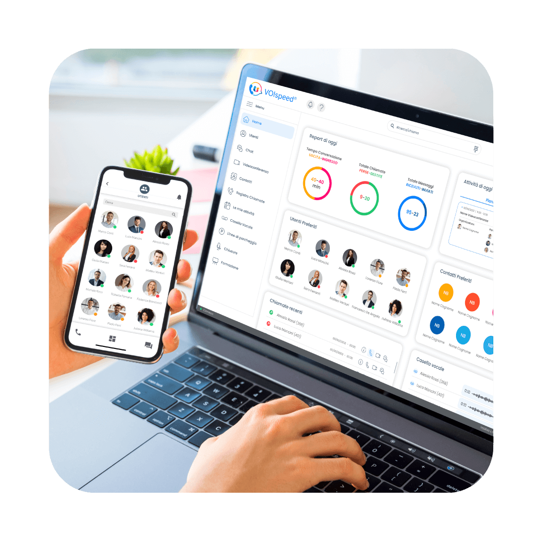 Interfaccia del centralino voip in cloud VOIspeed in esecuzione su laptop e smartphone